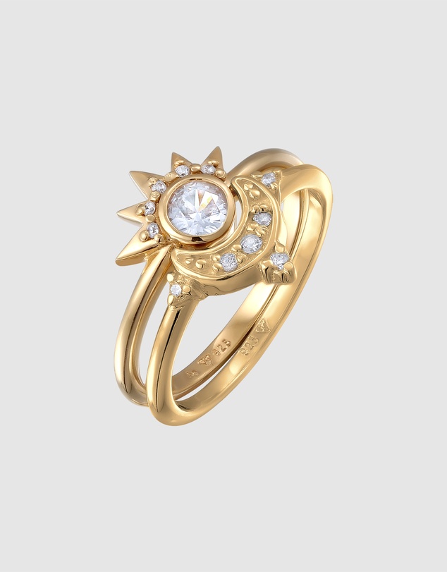 Elli Jewelry - Ring Set Zirconia Moon 925 Sterling Silver Gold-Plated