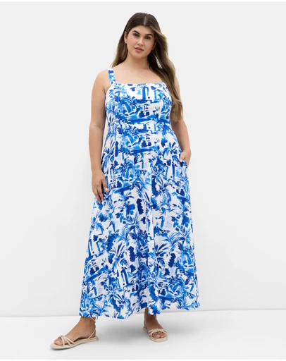 City Chic - Plus size Collins Palm Print Maxi Dress - blue