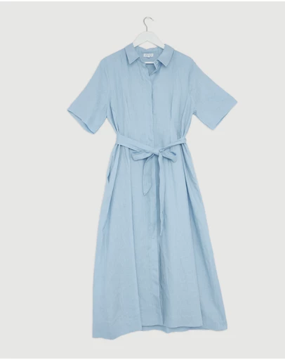 Revibe - Repaired AERE Orien Tuck Waist Linen Shirt Dress - AU 16