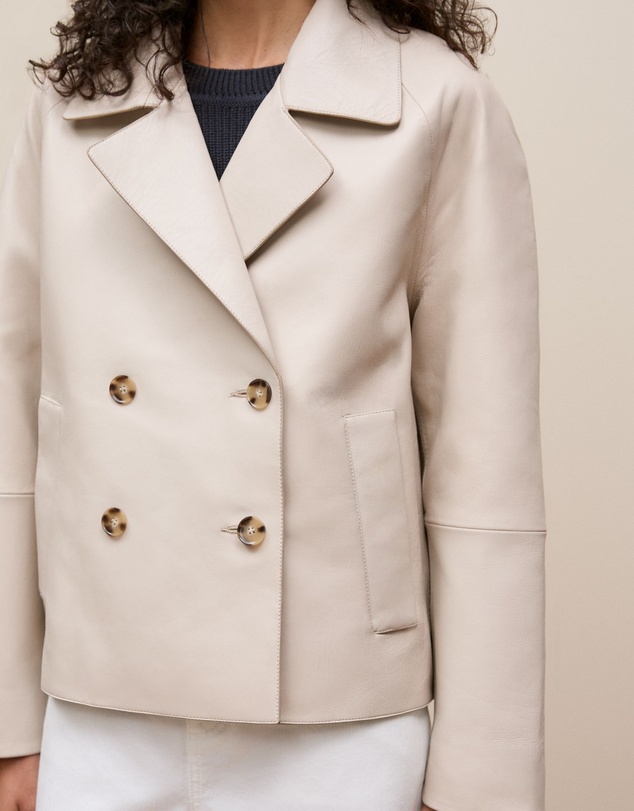 Trenery - Leather Double Breasted Cropped Jacket in Stone