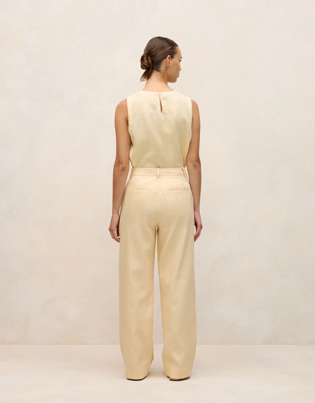 Trenery - Linen Cotton Herringbone Tailored Wide Leg Pant in Butter