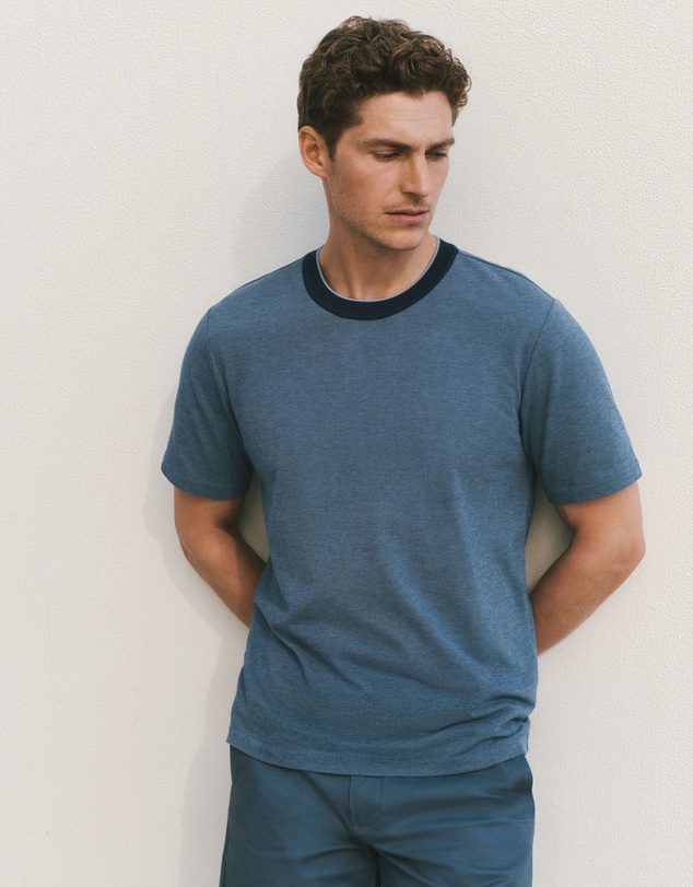 Trenery - Cotton Jacquard Contrast Collar T-shirt in Washed Navy