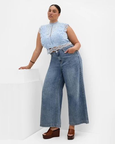 City Chic - Plus size Lucielle Sleeveless Lace Top - sky blue
