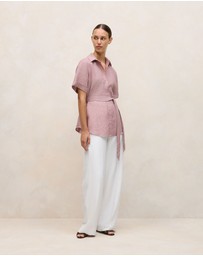 Trenery - Linen End On End Stripe Belted Shirt in Light Pink