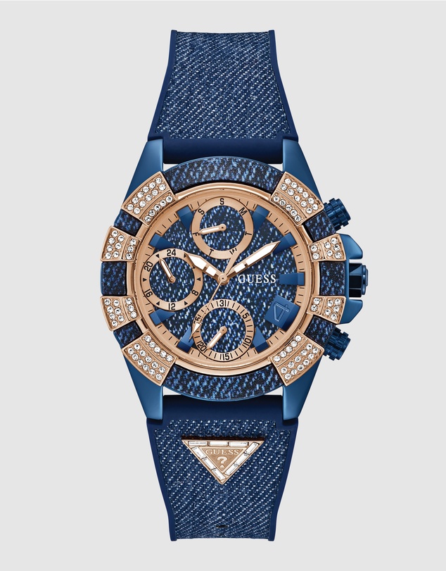 GUESS - ICONIC 40TH Denim 39mm Rose Gold-Tone Case Blue Silicone Strap