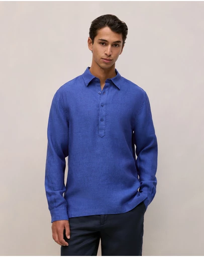 Trenery - Linen End On End Half Placket Shirt in Vivid Blue