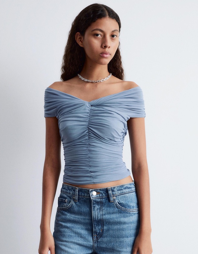 & Other Stories - Ruched V-Neck Mesh Top