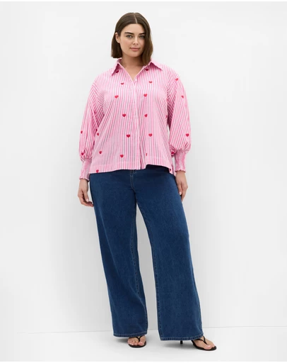 City Chic - Plus size Stripe Heart Print Cotton Shirt - pink