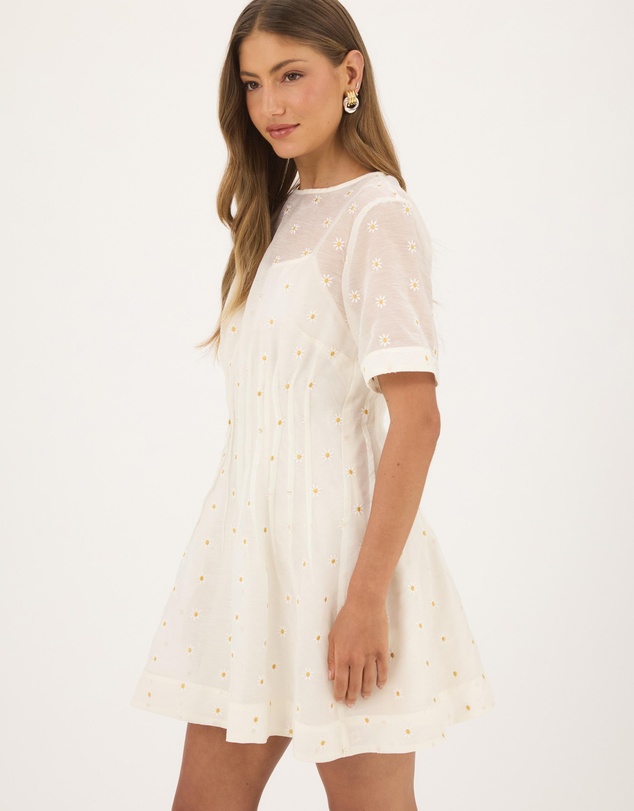 Atmos&Here - Lila Organza Pink Tuck Mini Dress With Puff Sleeves