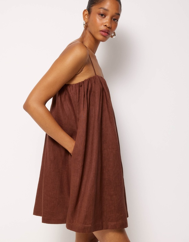 AERE - Liv Linen Gathered Neckline Mini Dress
