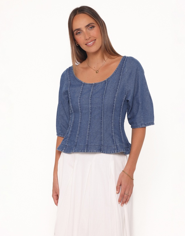 Petal & Pup - Saylor Denim Peplum Top - Blue Medium Wash