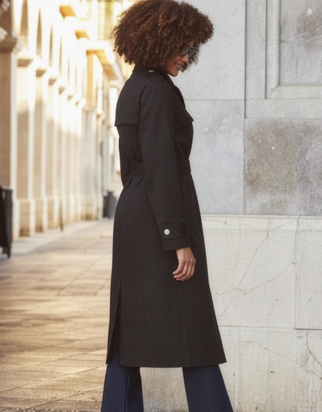 Sosandar - Black Longline Trench Coat With Faux Leather Trim
