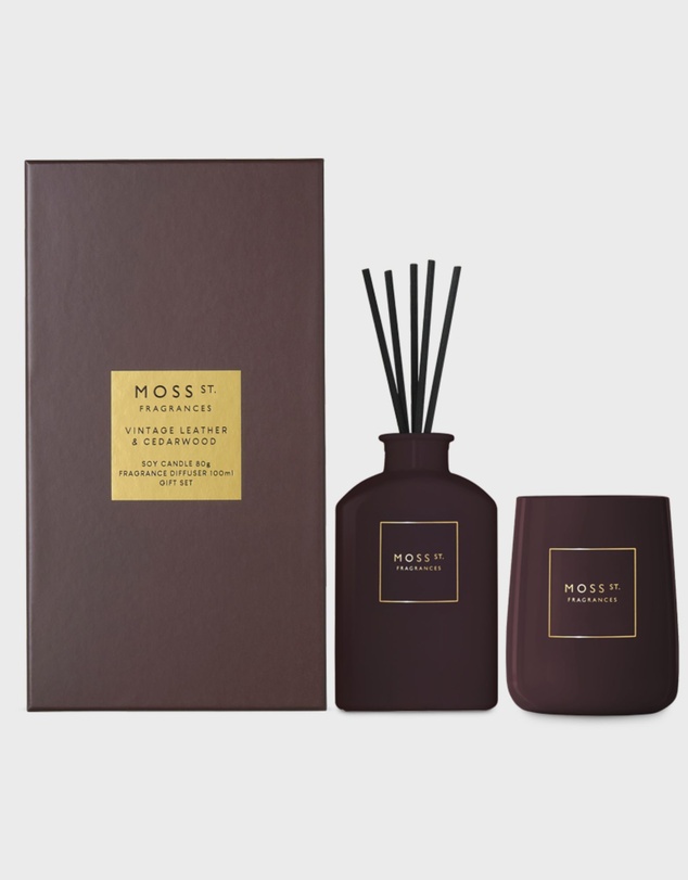 Moss St Fragrances - Vintage Leather & Cedarwood Mini Candle & Diffuser Gift Set