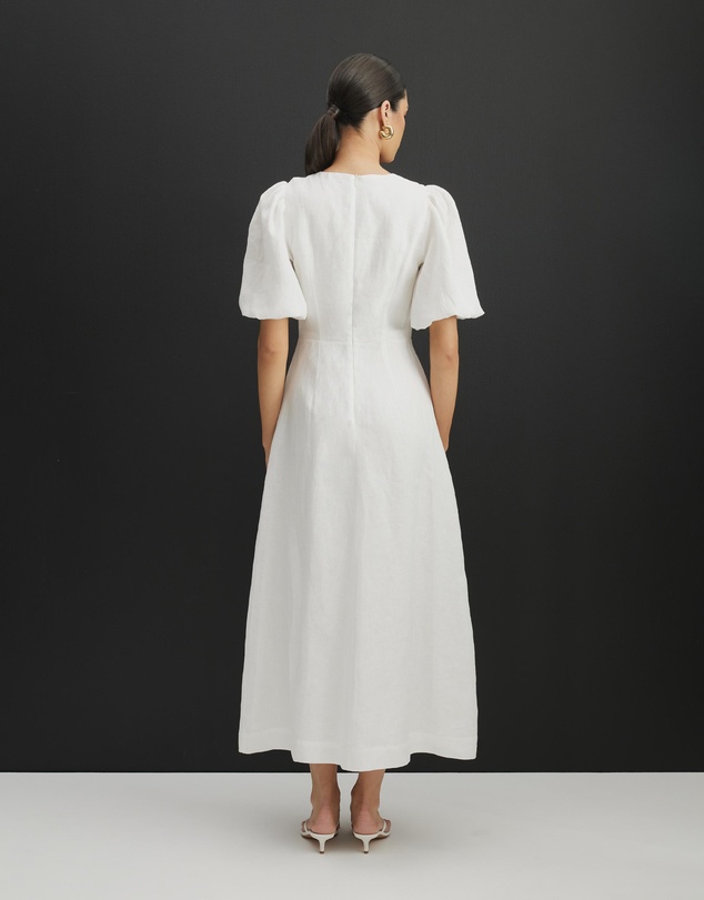 AERE - Serena Linen Puff Sleeve Midi Dress