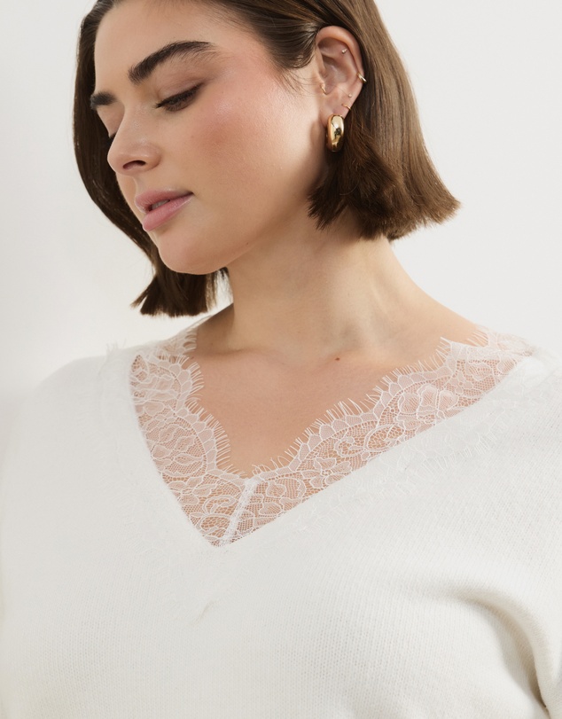 Atmos&Here Curvy - Teo V Neck Knit Jumper With Lace Trim