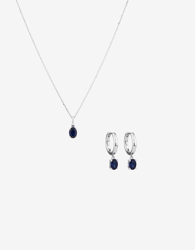 Michael Hill - Oval Cut Blue Created Sapphire Gemstone Hoop Earrings and Pendant Necklace Set in Sterling Silver
