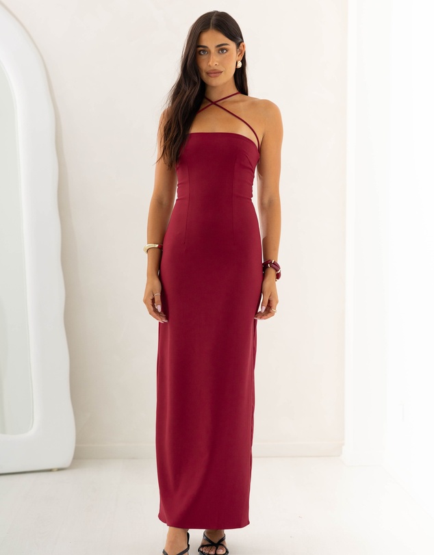 Beginning Boutique - Del Mar Burgundy Crepe Formal Maxi Dress