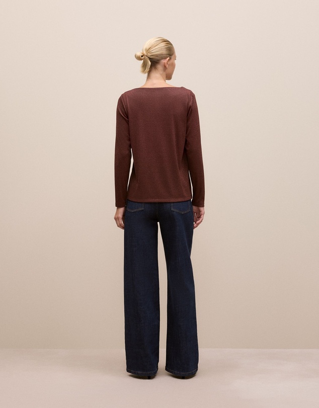 Trenery - Metallic Boat Neck Long Sleeve T-shirt in Espresso