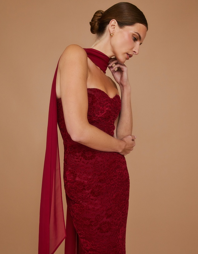 Six Stories - Velvet Lace Corset Bandeau Maxi Dress with Neck Scarf