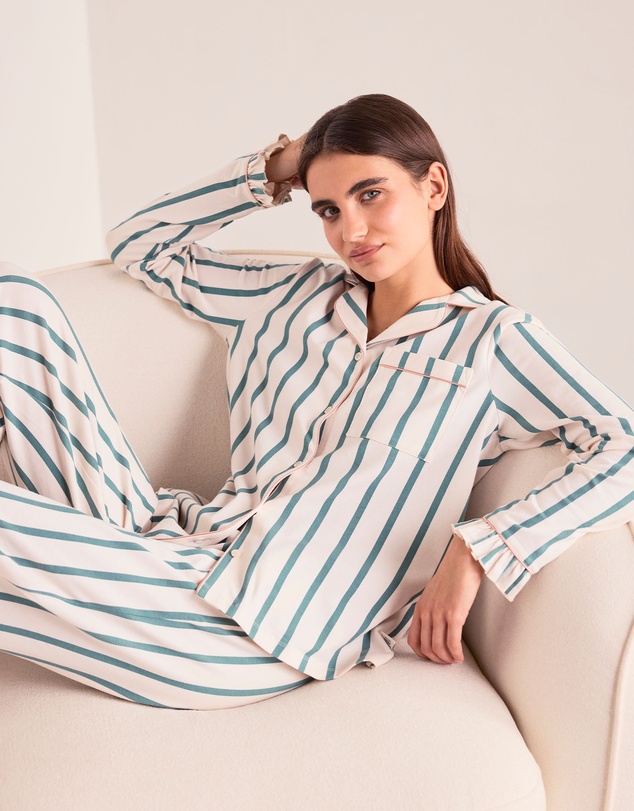 Chelsea Peers - Organic Cotton Stripe Ruffle Long Pyjama Set