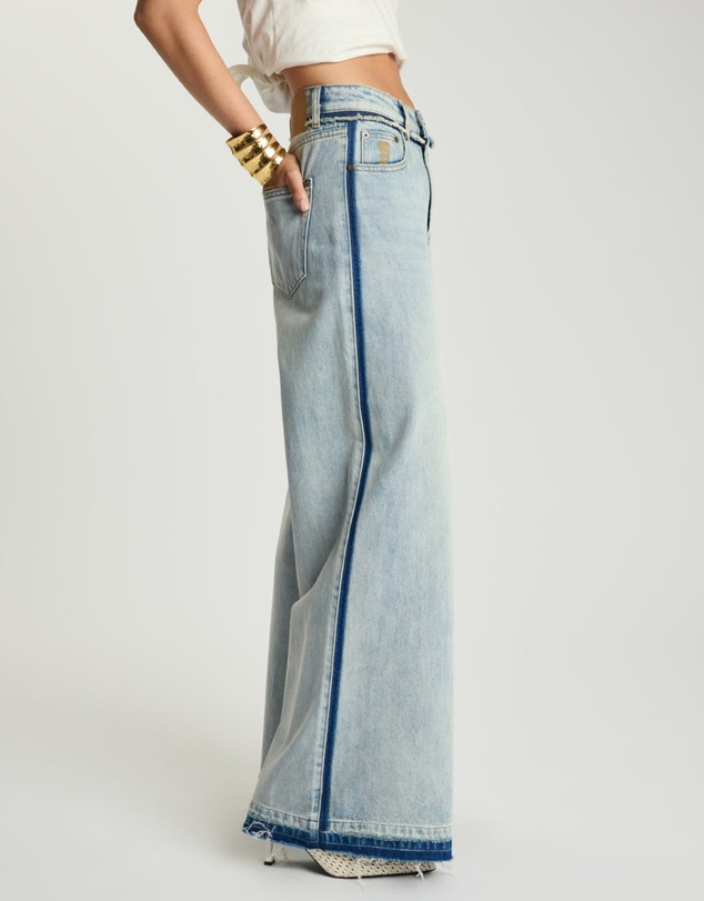 ONE TEASPOON - Love Machines Mid Waist Super Wide Leg Denim Jeans - Split Party Contrast Blue