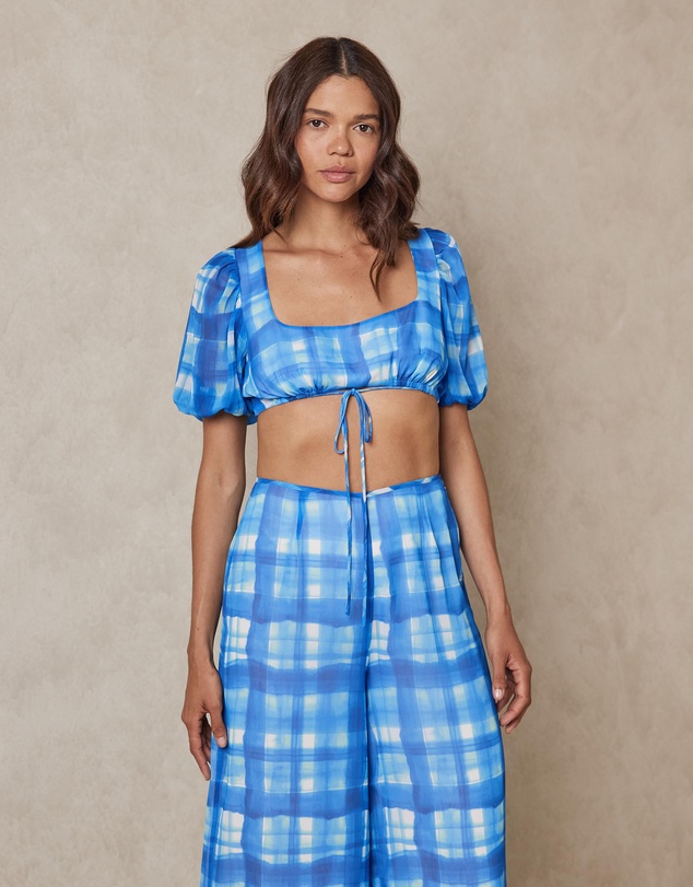 AERE - Tie Front Puff Sleeve Crop Top