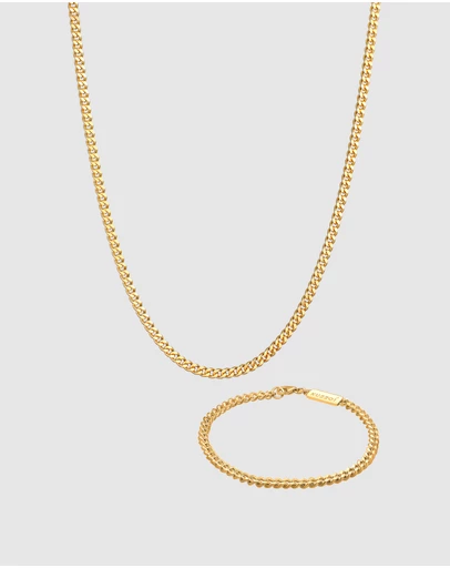 Kuzzoi - ICONIC EXCLUSIVE - Curb Chain Necklace and Bracelet Set in Gold-Plated 925 Sterling Silver