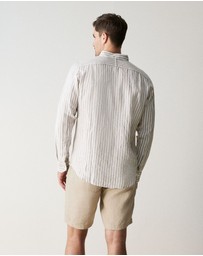 Trenery - Regular Fit Delave Linen Bold Stripe Shirt in Sahara
