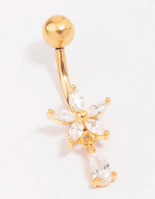 Lovisa - Gold Plated Titanium Cubic Zirconia Flower Pear Threadless Belly Bar