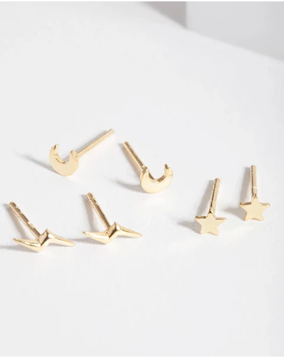 Lovisa - Gold Plated Sterling Silver Celestial Stud Earrings Trio