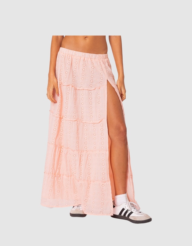 EDIKTED - Tiered Eyelet Slitted Maxi Skirt