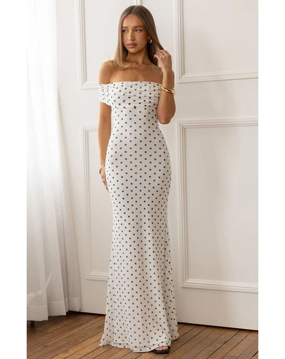 Beginning Boutique - Cole White Polka Mesh Maxi Dress