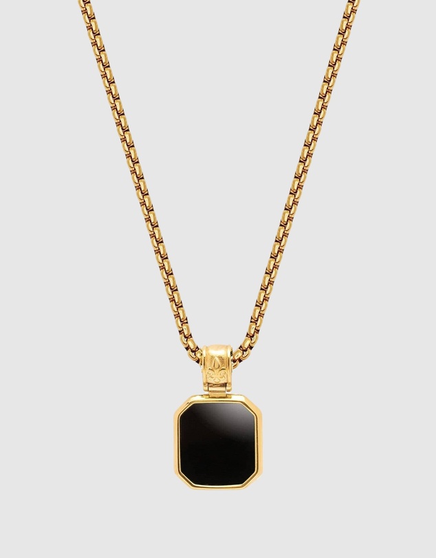 Nialaya Jewellery - Men's Gold Necklace with Square Matte Onyx Pendant