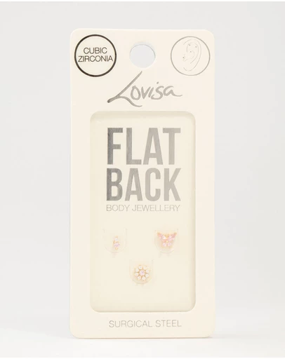 Lovisa - Gold Plated Surgical Steel Butterfly & Flower Flat Backs 3-Pack