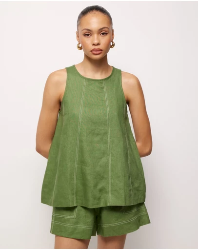AERE - Contrast Stitch Linen Top