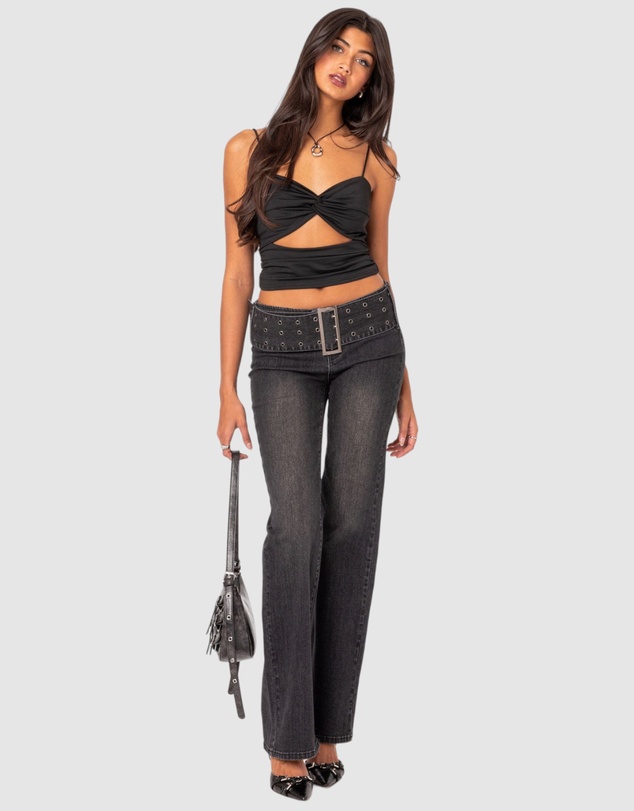 EDIKTED - Buckle Belt Washed Flared Jeans