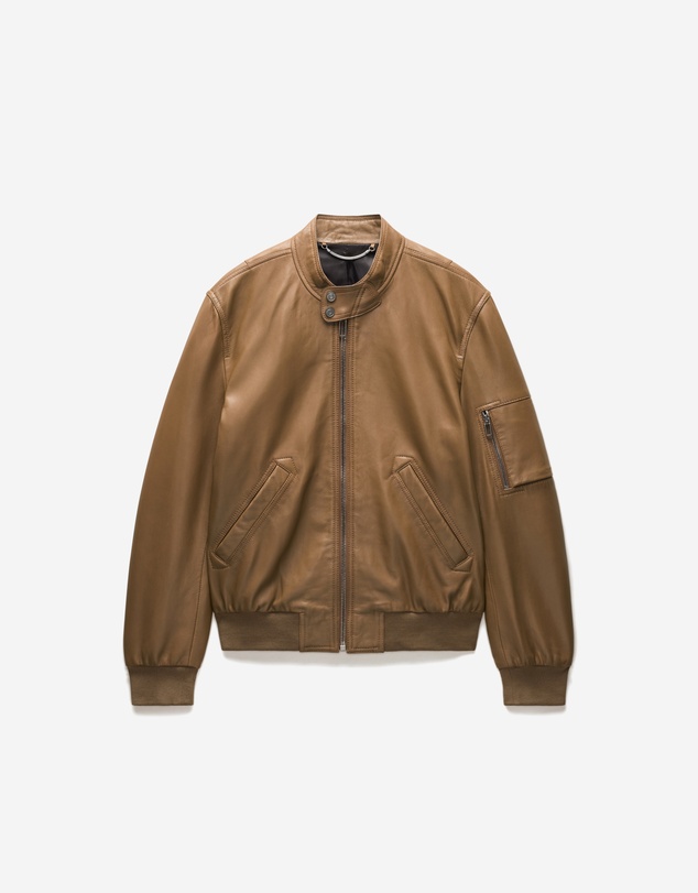 Calibre - Stand Collar Leather Bomber Jacket Camel