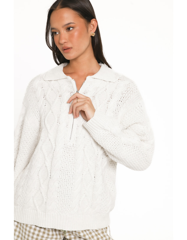 Petal & Pup - Rema Quarter Zip Cable Sweater - Ivory Marl