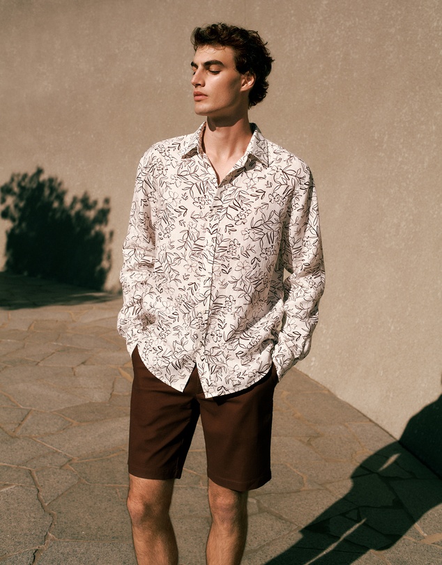 Trenery - Regular Fit Floral Linen Long Sleeve Shirt in White