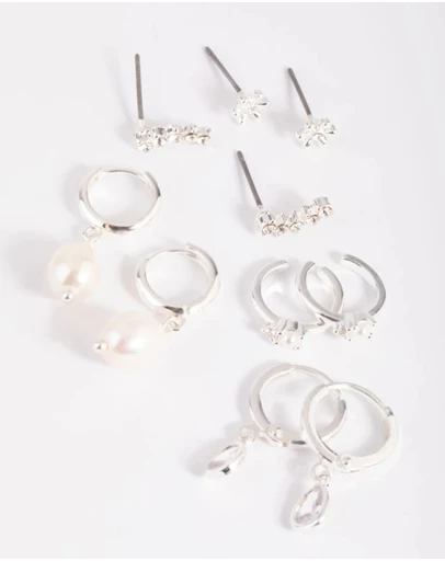 Lovisa - Silver Diamante & Freshwater Pearl Huggie Hoop Earrings