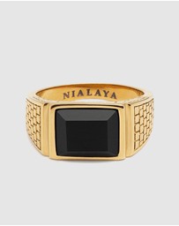 Nialaya Jewellery - Men's Golden Brick Signet Ring With Agate