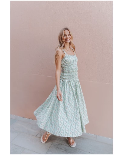 Petal & Pup - Enola Gather Midi Dress - Green Pink Geo