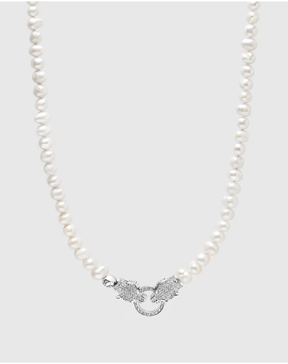 Nialaya Jewellery - Pearl Choker with Double Panther Head in Silver
