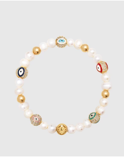 Nialaya Jewellery - Men's Evil Eye Pearl Bracelet