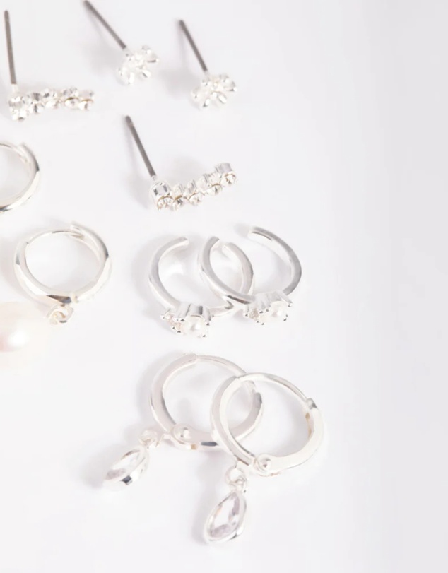Lovisa - Silver Diamante & Freshwater Pearl Huggie Hoop Earrings