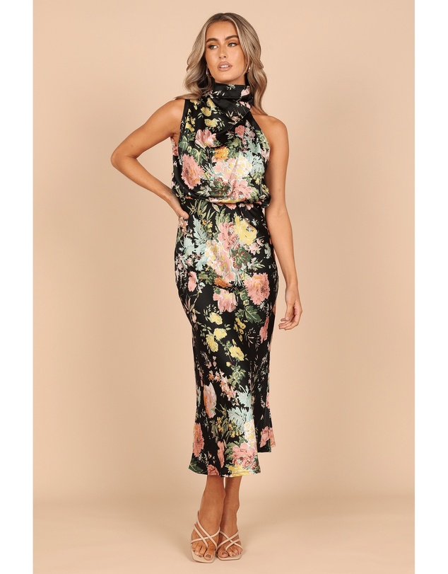 Petal & Pup - Anabelle Halter Neck Midi Dress - Black Floral