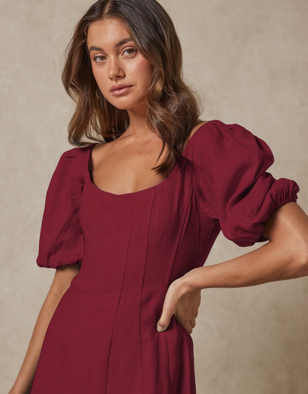 AERE - Paloma Linen Puff Sleeve Midi Dress