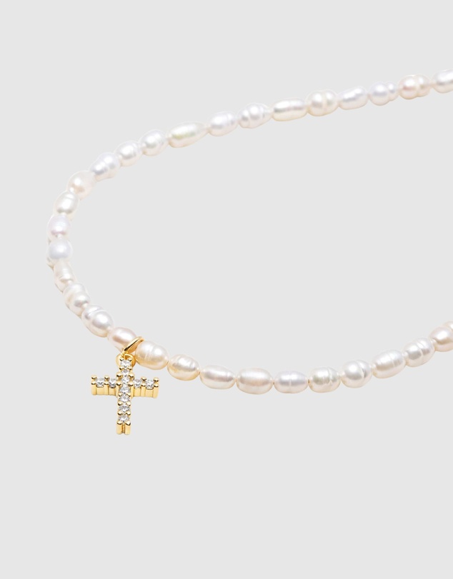 Nialaya Jewellery - Men's Mini Pearl Choker with Cross