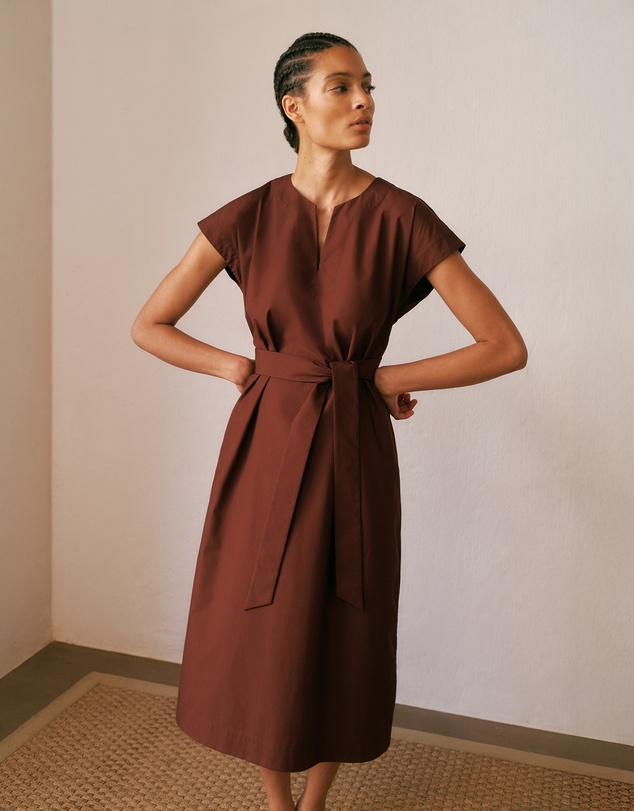 Trenery - Cotton Poplin Cap Sleeve Belted Dress in Espresso