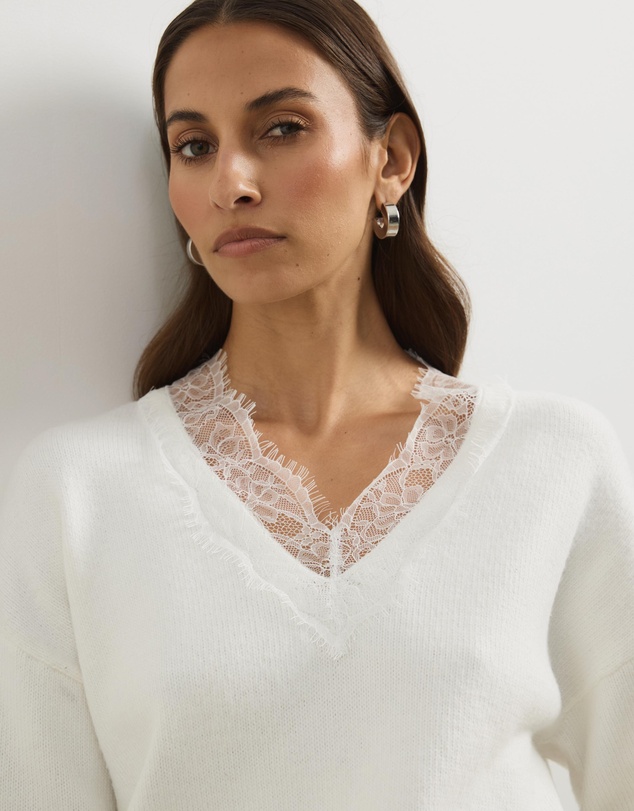 Atmos&Here - Teo V-Neck Knit Jumper with Lace Trim